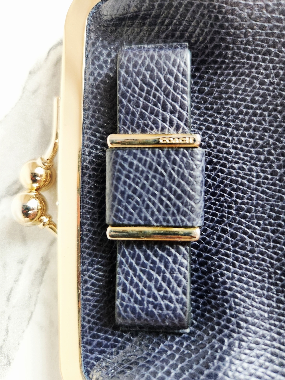 COACH Navy Textured Leather Frame Clutch with Gold Hardware